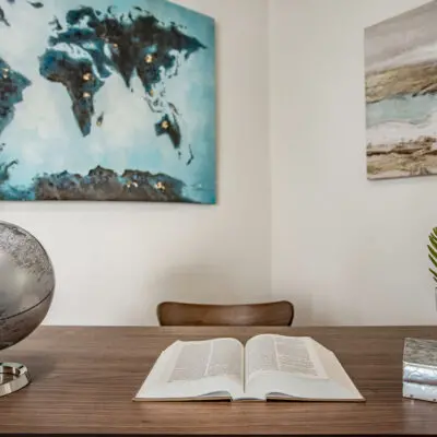 Desk staged with office knickknacks