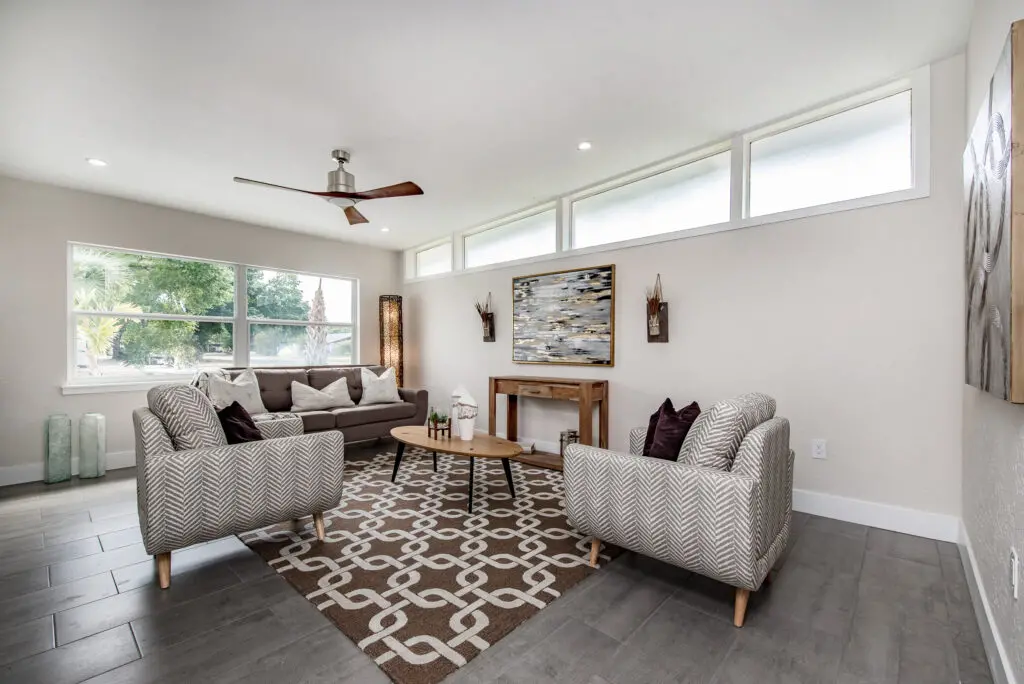 Living room with mid-century modern couches and coffee table