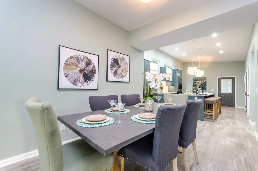 Dining room of the house featured in Zombie House Flipping season two episode eight, staged by MHM Professional Staging