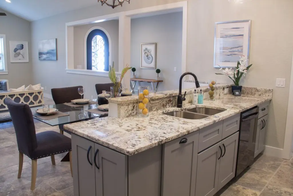 Granite kitchen counter staged with small accessories