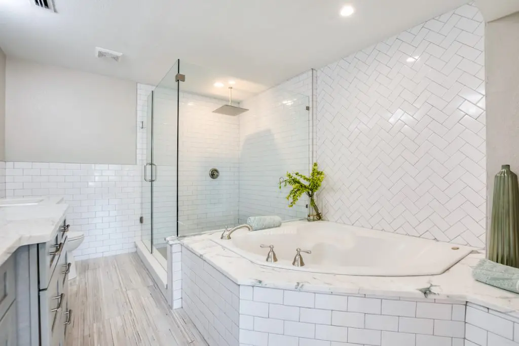 Master bathroom with view of glass shower and large tub.