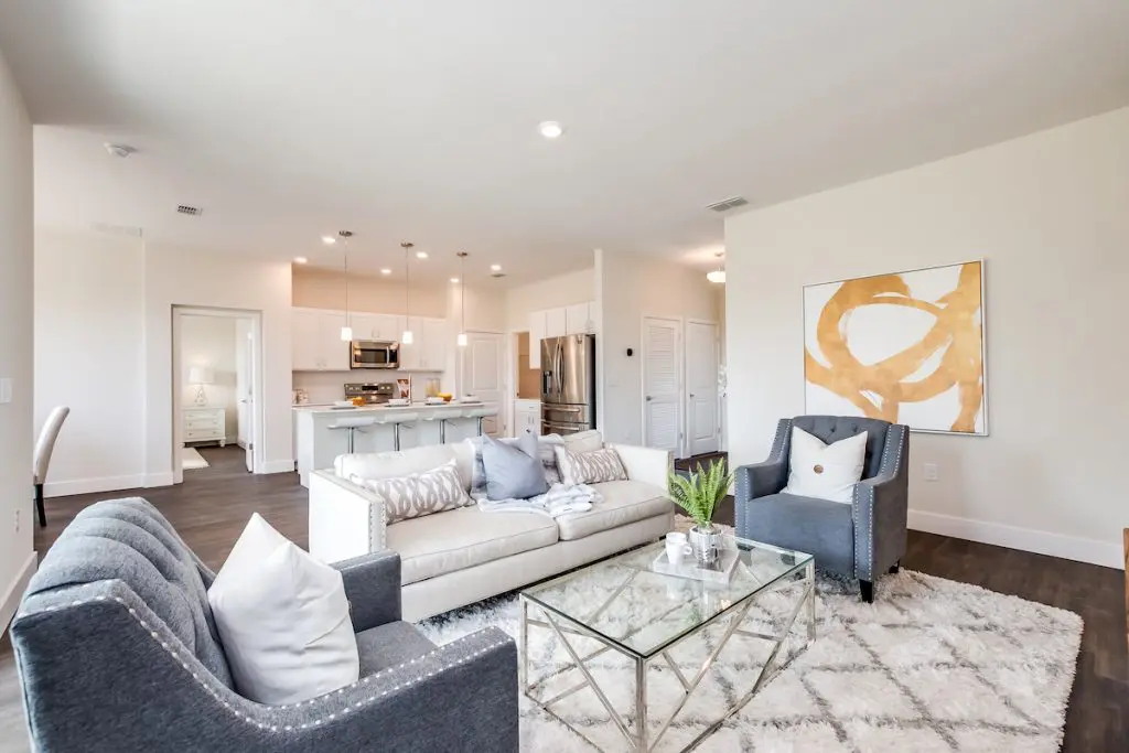 Cozy living room in open floor plan.