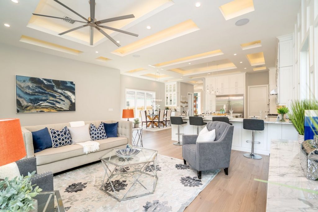 An open floor plan with living room staged by MHM Professional Staging.