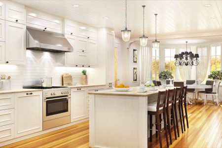 Dover White kitchen with island and barstools