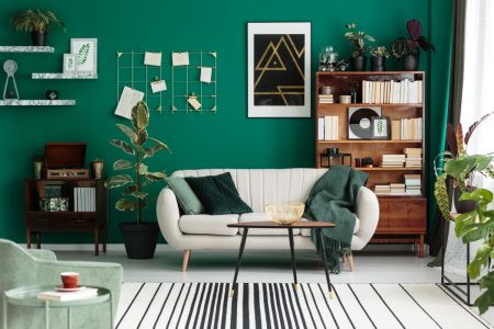 Sherwin-Williams Greens color painted on the wall of a living room with a white couch